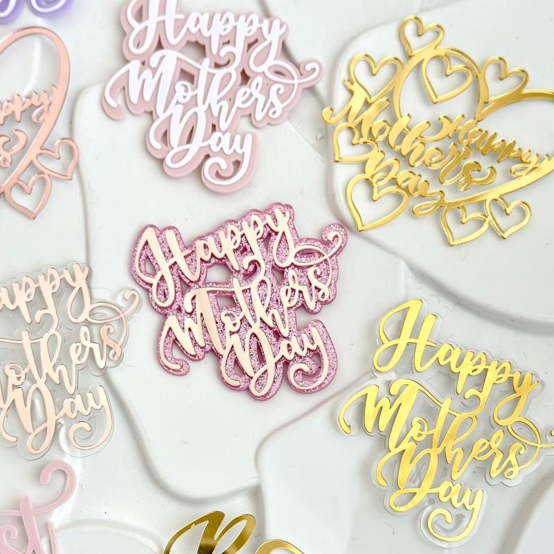 10pcs Glitter Happy Mother's Day Cake Toppers Acrylic Mirror Pink Cupcake Topper Heart Best MOM Party Cake Dessert Decorations