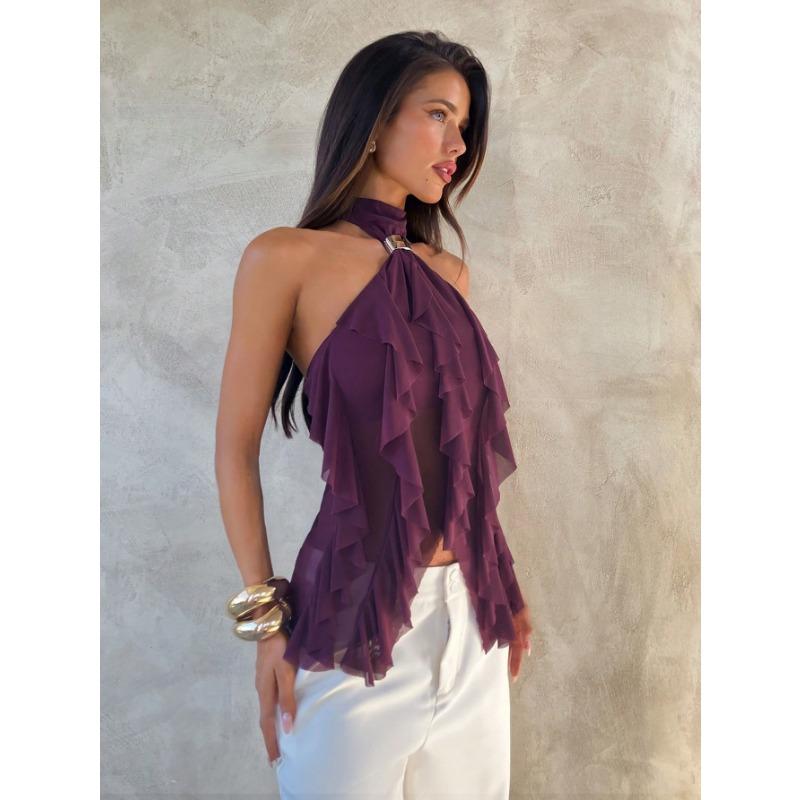 Purple Halter Mesh Ruffled Off Shoulder Sleeveless Sexy Women Casual Top