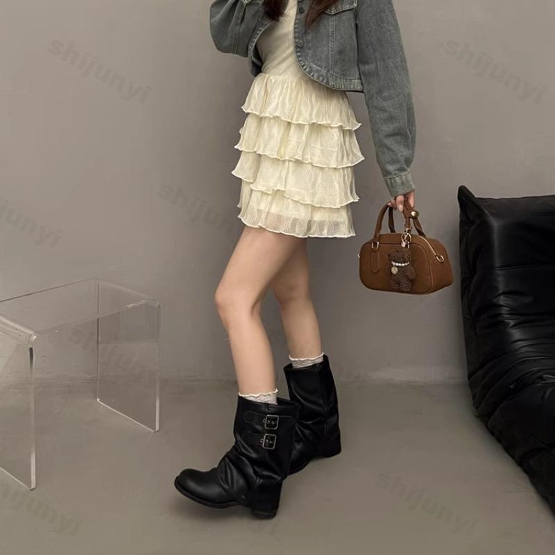 Fashion Women's Black Short Boots Winter New Fashion Buckle Strap Luxury Motorcycle Boots Comfortable Outdoor Non Slip Middle Heel Shoes