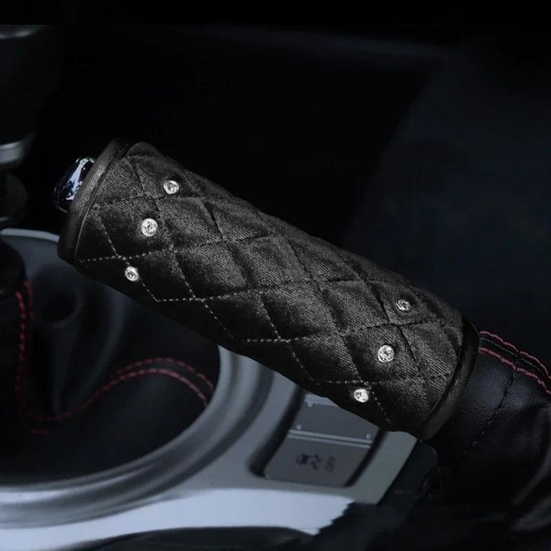 Schwarzer Diamant Plüsch Auto Schalthebel Handbremse Rückspiegel Armlehnenbezug Schulterpolster Deko Set Autozubehör Set für Frau