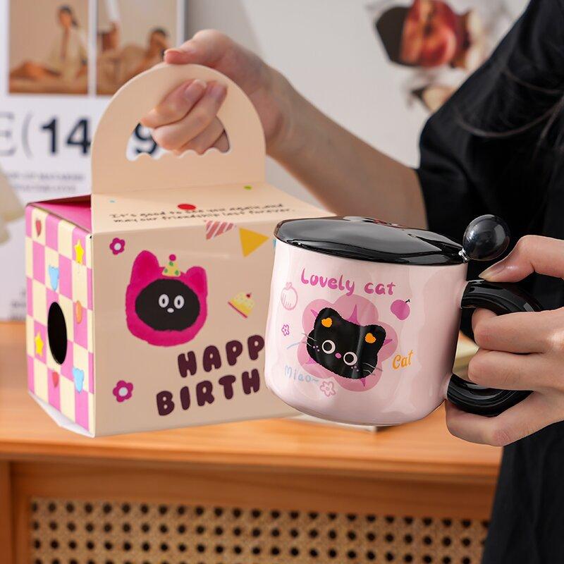 Girly Heart Kitten Mug Cute Milk Fufu Cartoon Household Water Cup with Cover for Birthday Gifts for Sisters and Friends