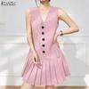 ZANZEA Women Elegant V-Neck Casual Sleeveless Pleated Dress