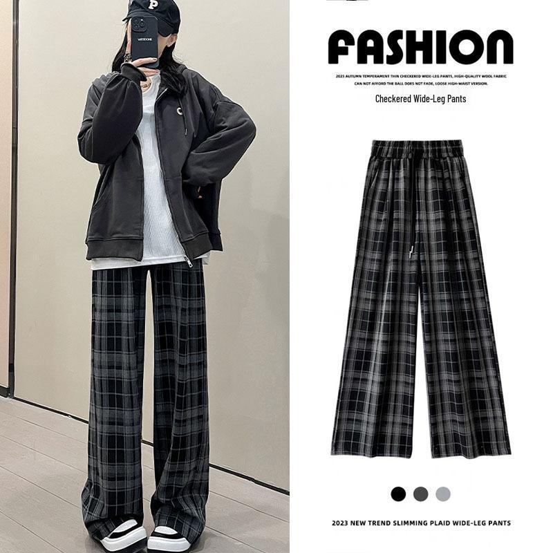 Women's Black & White Plaid Wide-Leg Trousers - Loose Fit, Floor-Length, Perfect for Spring/Autumn