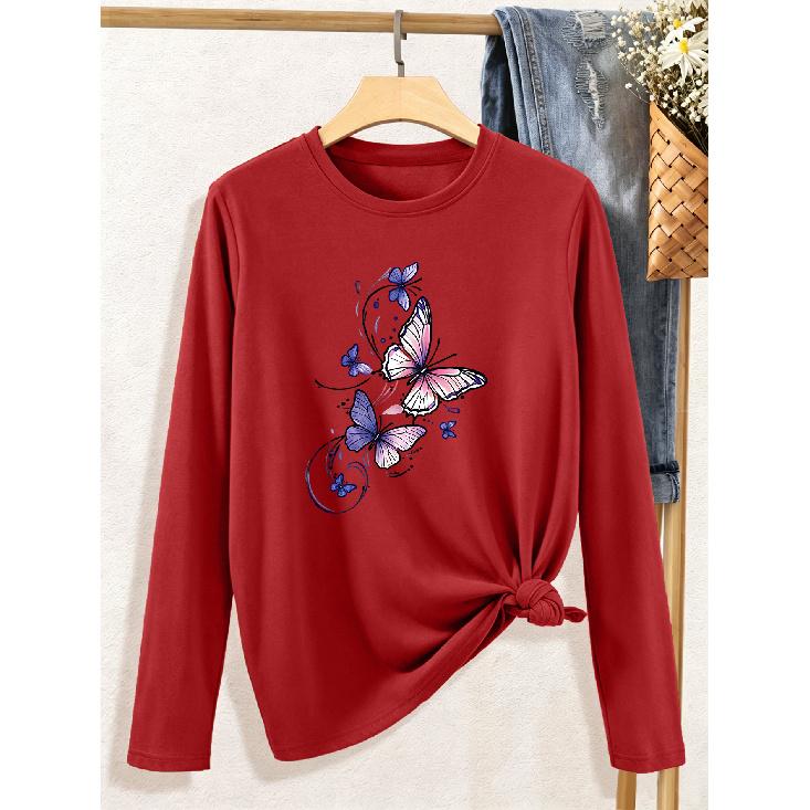 Women's elegant long sleeves Watercolor butterfly flocking art pattern printed round neck Comfortable, soft, and breathable new style Fashionable,