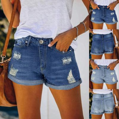 Jeans Feminino Cor Sólida Stretch Slim Fit Shorts Jeans Destroyed