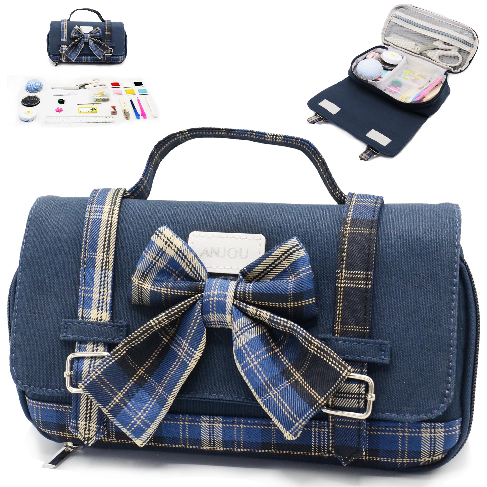 ANJOU Sewing Kit for Elementary School Girls Sewing Box Set Girl JK Style Ribbon Portable Navy