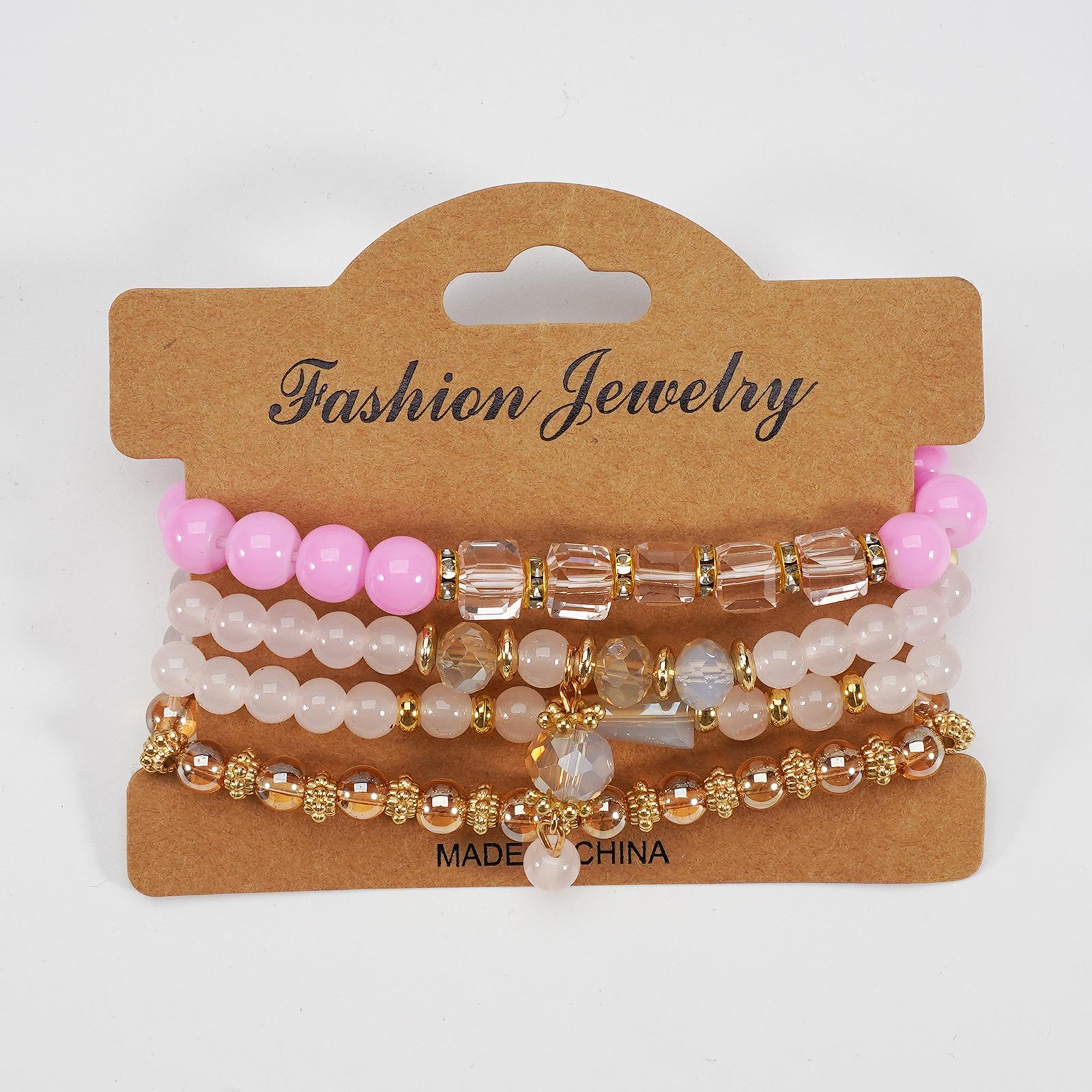 

Bohemian Ethnic Multi-layer Beaded Bracelet Set - Colorful Fashionable Elastic Design рожевий