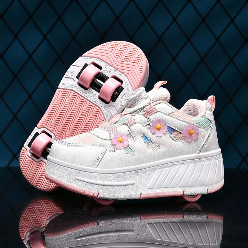 29-39  Drehknopf Vierrad-Skate Rollschuhe Rollschuhlaufen Abnehmbare Studenten-Skateschuhe Kinderschuhe mit Rädern