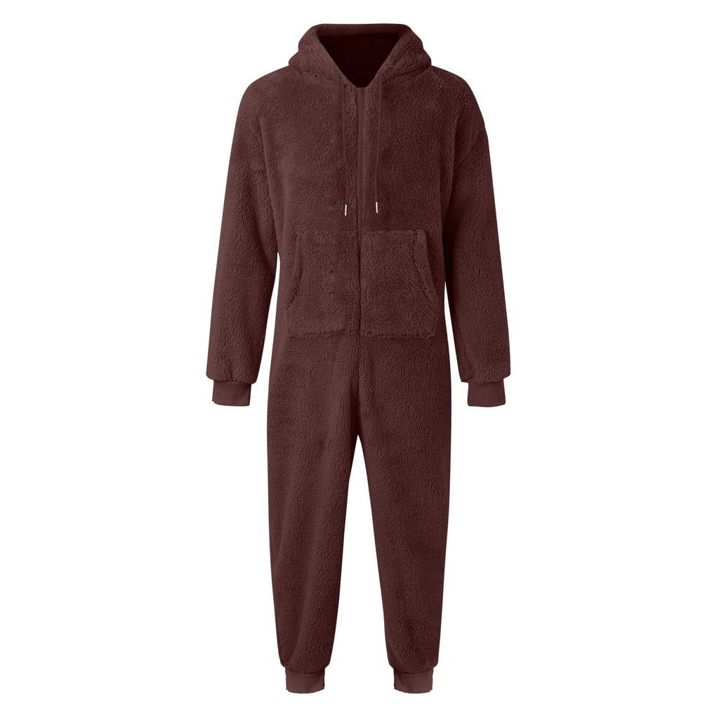 Men's Color Long Sleeve Hooded Pocket Zipper Plush Warm Jumpsuit Warm Pajamas