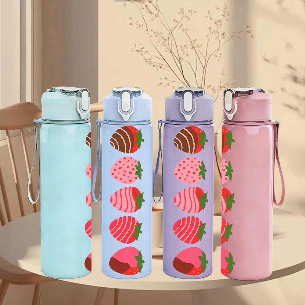 1PC Vertical Strawberry Slices 750ml Color Plastic Sports Water Bottle Leakproof Flip Straw Lid Suitable for Sports Office Home Use