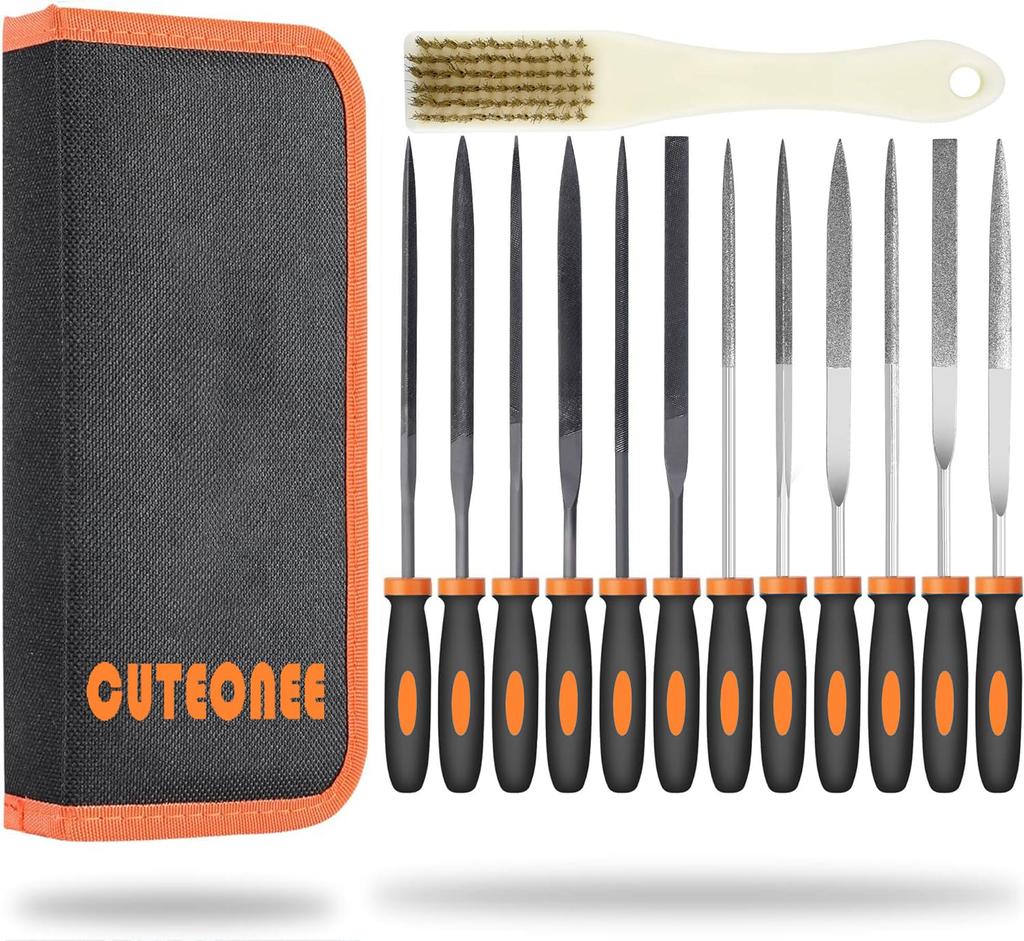 CUTEONEE File Includes Diamond and Iron Files for Precision Knife and DIY with Brush and Storage Bag 12-Piece Set, Metal, Woodworking, Sharpening,