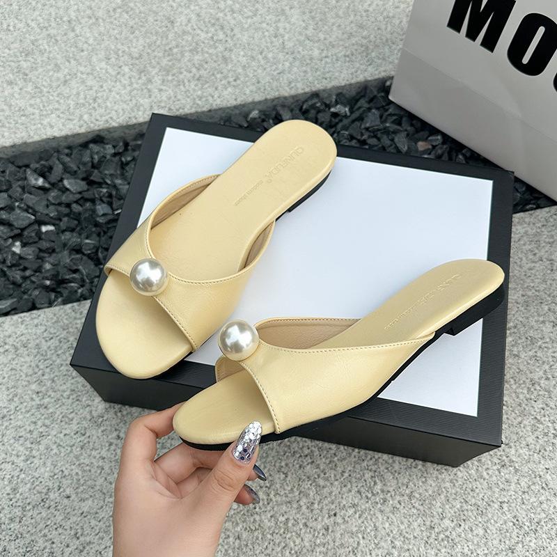 French satin pearl open-toe one-word high heels female 2025 spring and summer new fairy temperament thin heel cool slippers