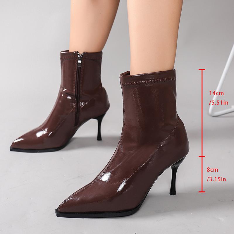 Fashion Elegant Women's Pointed Toe Stiletto Heel Ankle Boots Black Patent Leather Short Boots Woman Side Zipper High Heels Dress Shoes