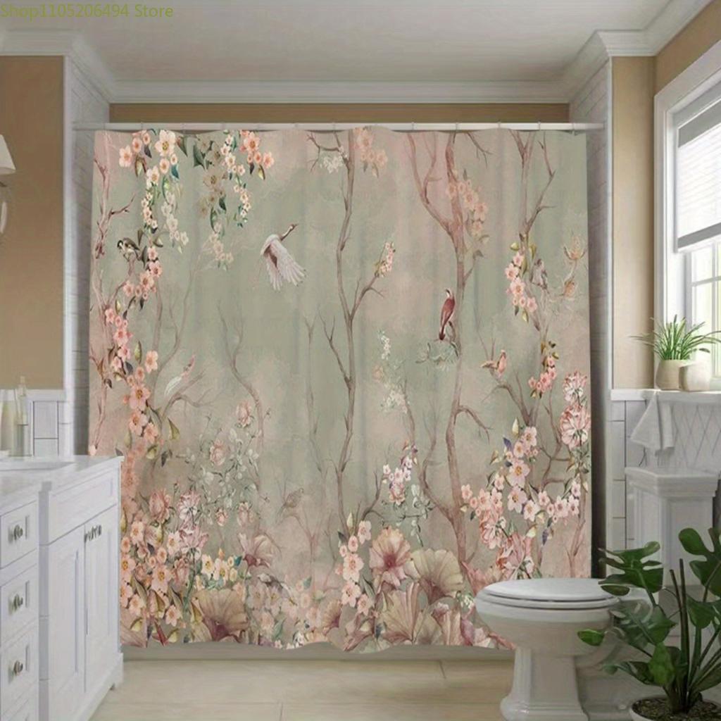 1pc Floral & Bird Pattern Shower Curtain - Pastel Background, Durable Polyester Fabric, Machine Washable with Hooks Included,