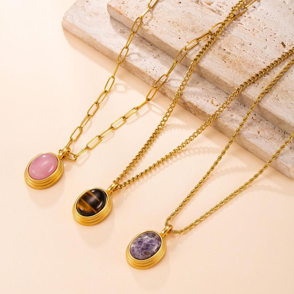 Retro Oval Dove Egg Natural Stone Stainless Steel Necklace for Women