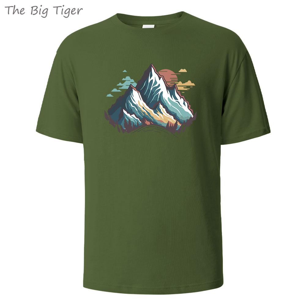 Mountain Printing Basic Cotton Men TShirt Relaxed Fit Round Neck Minimalist Style Unisex Casual Comfortable Top