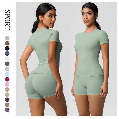 Nacktes Enganliegendes Kurzarm-T-Shirt Yogaanzug, Hochtaillierter und Hüfthebender Schnelltrocknender Shorts-Satz, Lauf- und Fitness-Zweiteiler für Damen