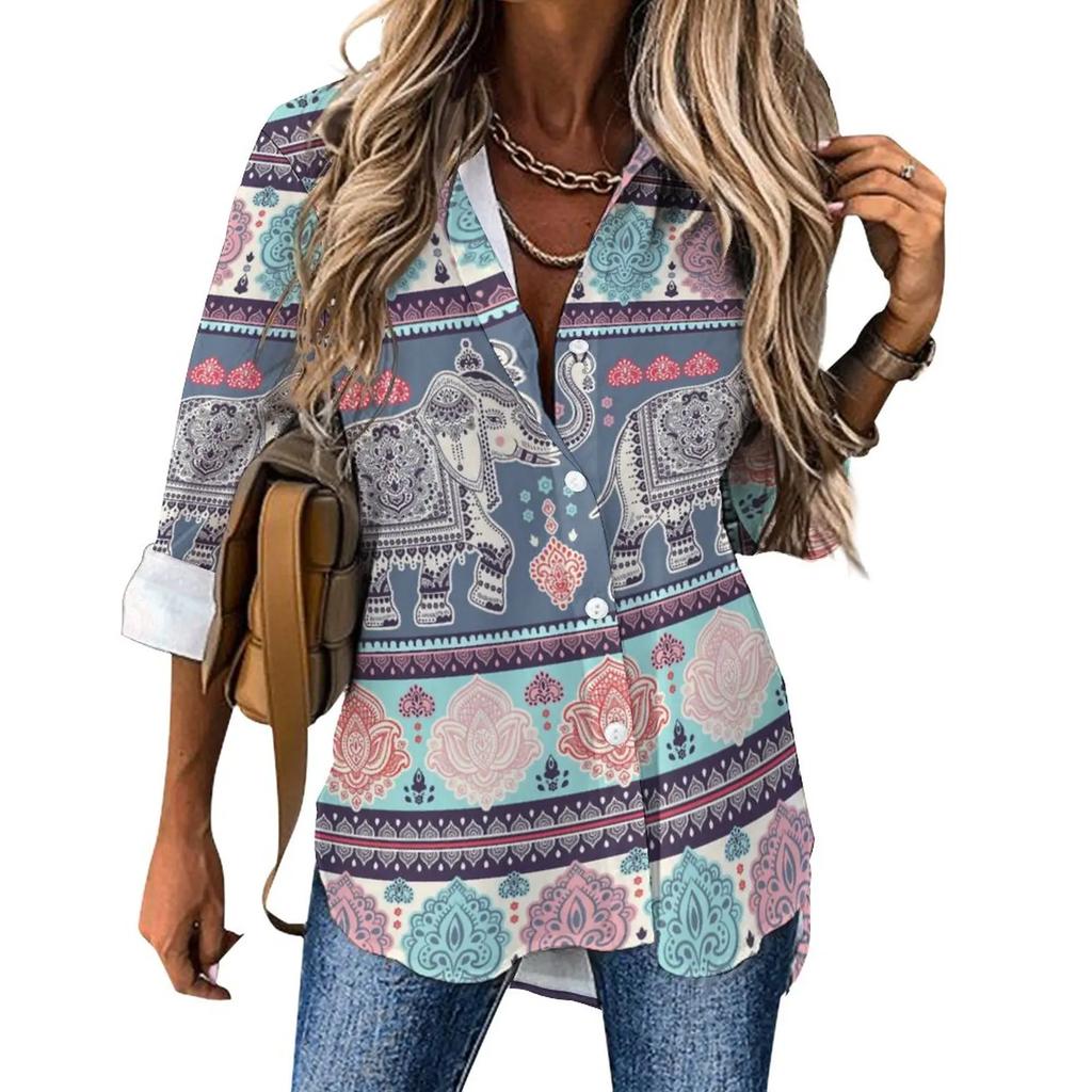 Indian Elephant Art Casual Blouse Spring Autumn Long Sleeve Colorful Floral Print Cool Blouses Woman Basic Shirt Graphic Clothes