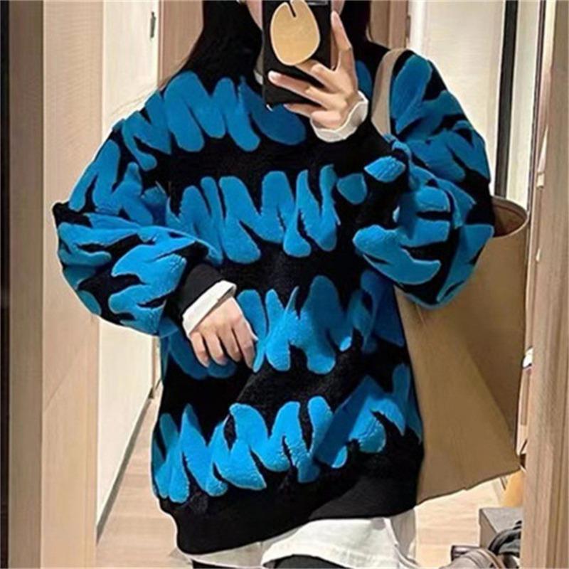 Autumn and Winter New Lazy Flocking Pullover Sweater Women's Thick Round Neck Towel Embroidered Western Style Sweater Top