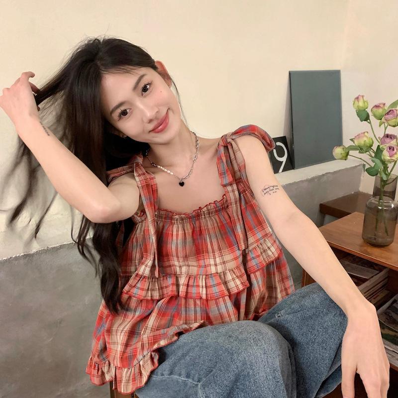 

Летний топ-майка с французской клеткой, оборками и открытыми плечами - Женский повседневный стиль для отпуска One Size [Recommended for 125 lbs and under]