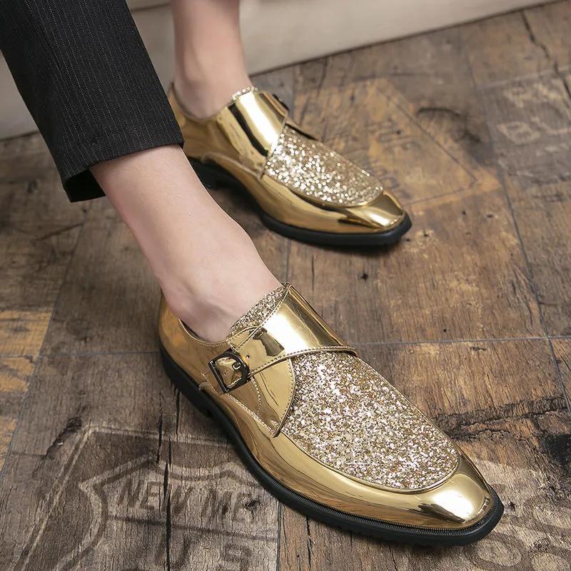 Fashion Shoes Men Casual Man Men's Summer Shine Gold Dress Patent Leather For Mens Gold Moccasins Business Pointed Bussiness Luxury
