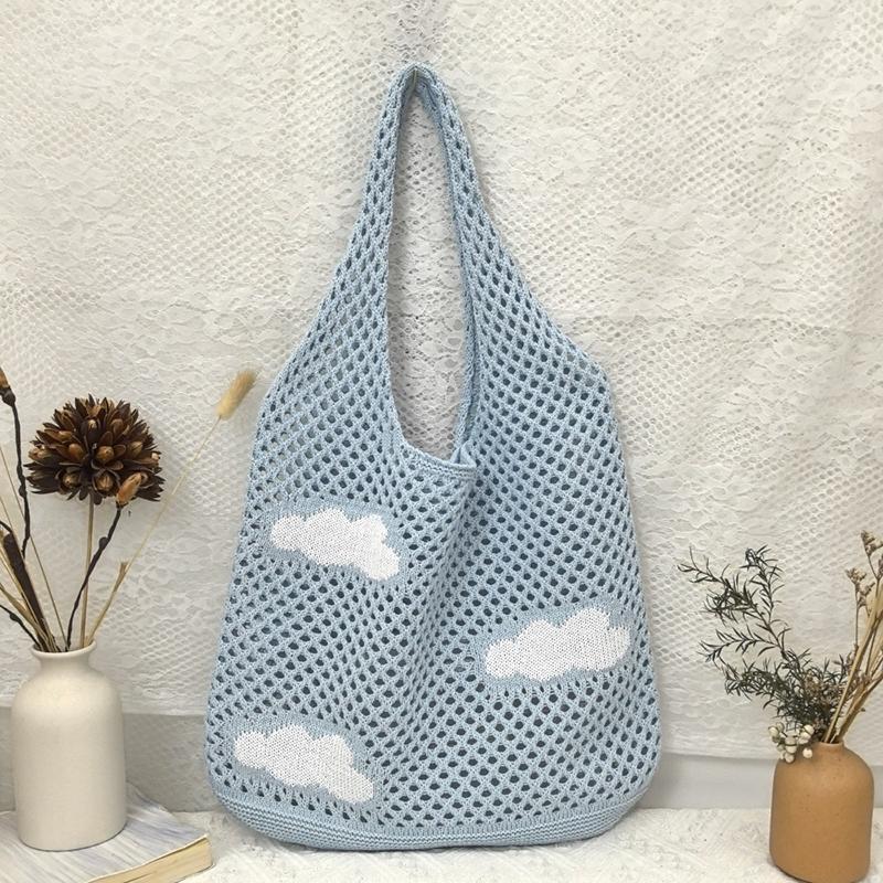 

Yogodlns Ladies Retro Shoulder Bag Handbag for Women Fashion Sweet Cloud Knitted Hollow Tote Simple Large Capacity Shopping Bag 38x1.5x56cm синий