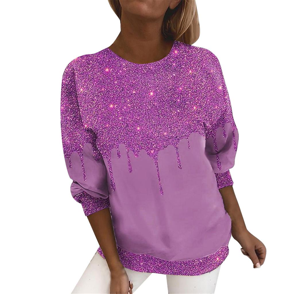 Modne Casualowe Damskie T-shirty z Okrągłym Dekoltem i Błyszczącym Nadrukiem 3D z Długim Rękawem