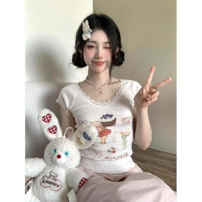 

Футболка с коротким рукавом и кружевной отделкой, открытыми плечами – Летний стиль Niche BM L: 105-115