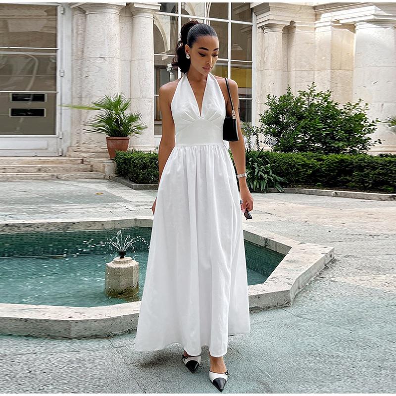 

Женское летнее хлопковое длинное платье без рукавов сексуальное с V-образным вырезом бохо макси платье свободного фасона длинное платье одежда S белый