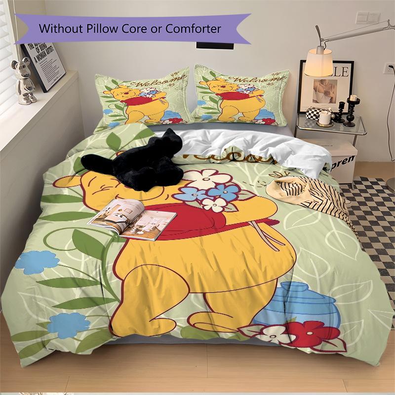 3pcs Winnie the Pooh Floral Bedding Set Includes 1 Quilt Cover and 2 Pillowcases, Comfortable Q093