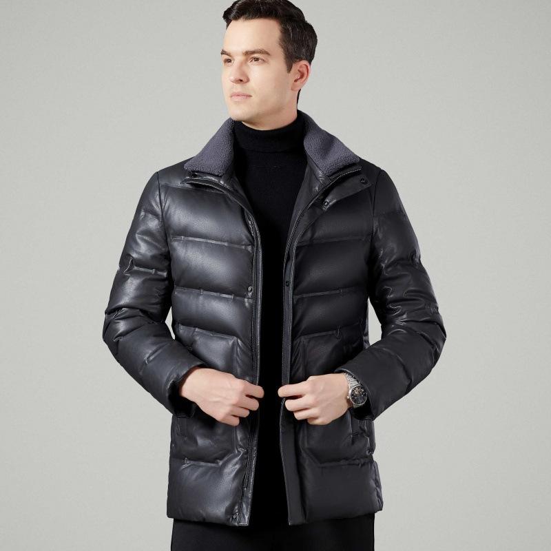 

Пуховик мужской из овчины с воротником-стойкой кожаная куртка зимняя одежда для папы кожаная куртка среднего возраста утолщенная теплая куртка на утином пуху 195