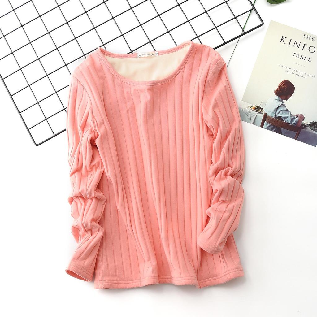 Thick Plus-Size Velvet-Lined Long-Sleeve Ribbed Cotton T-Shirt - Korean Style