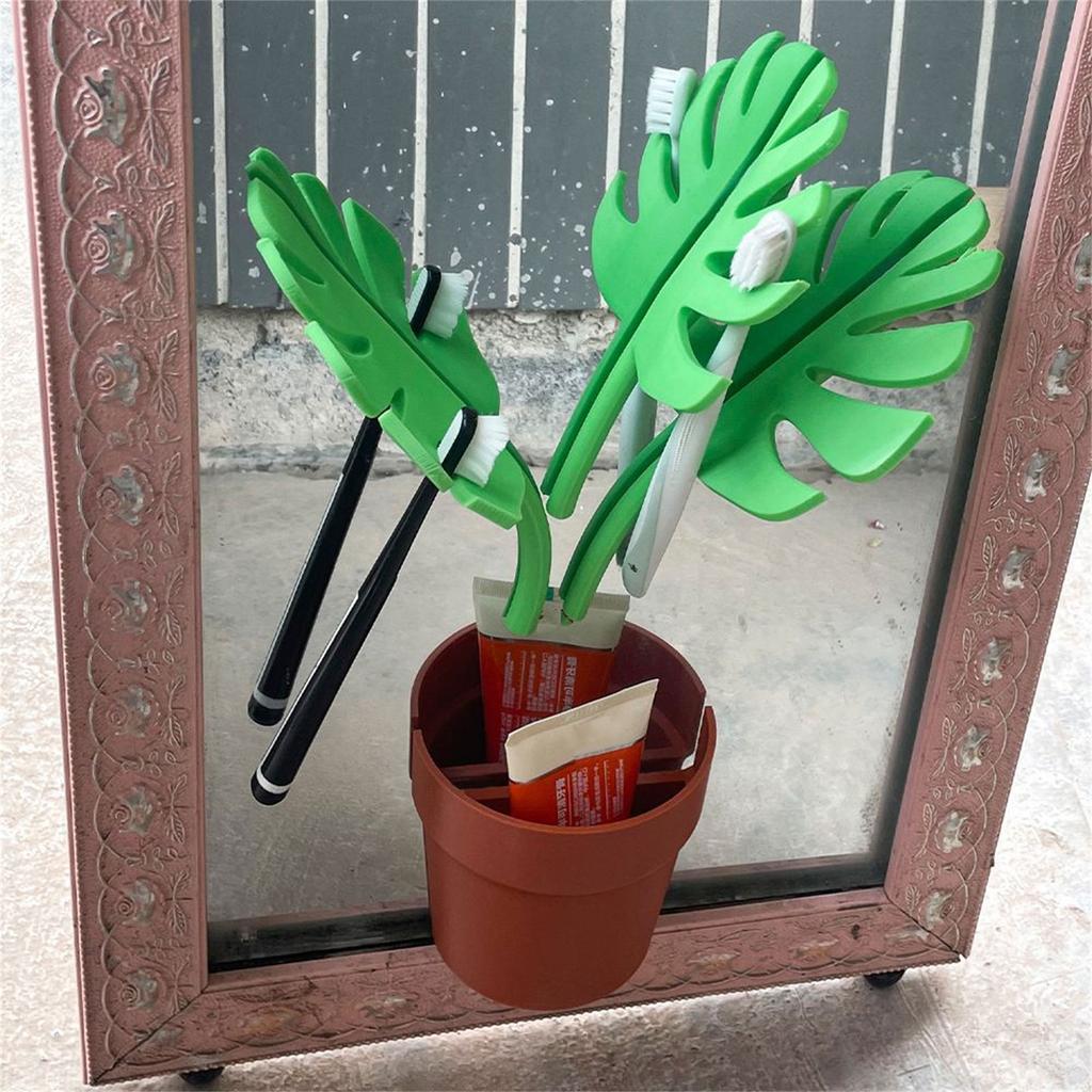 Bathroom Organizer with Monstera Design Self Adhesive Toothbrush Holder and Mirror Mounted for Accessories
