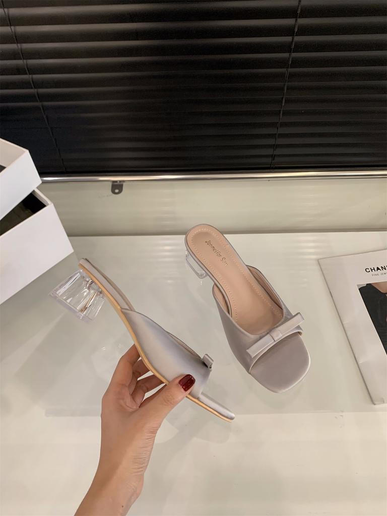 Transparent crystal thick heel bow satin French cool slippers women's shoes outer wear 2025 summer medium and high heel sandals