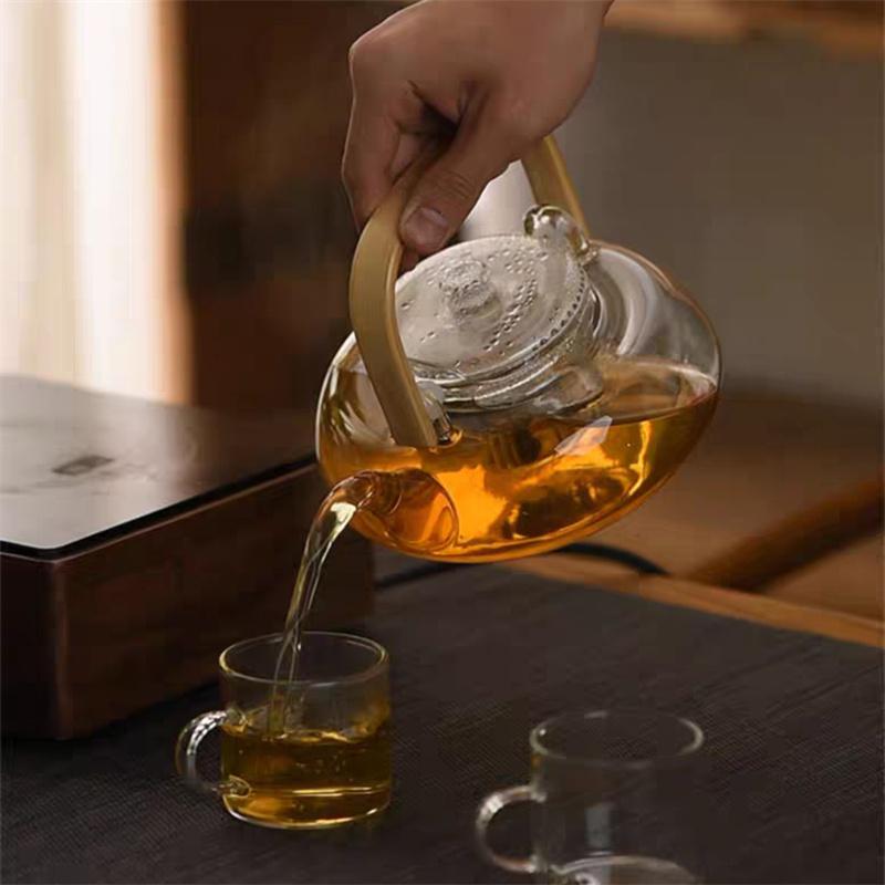 Japanese Style High Borosilicate Glass Teapot Bamboo Handle Teaware Kung Fu Tea Pot Tea Set Household Heat Resistant Tea Maker