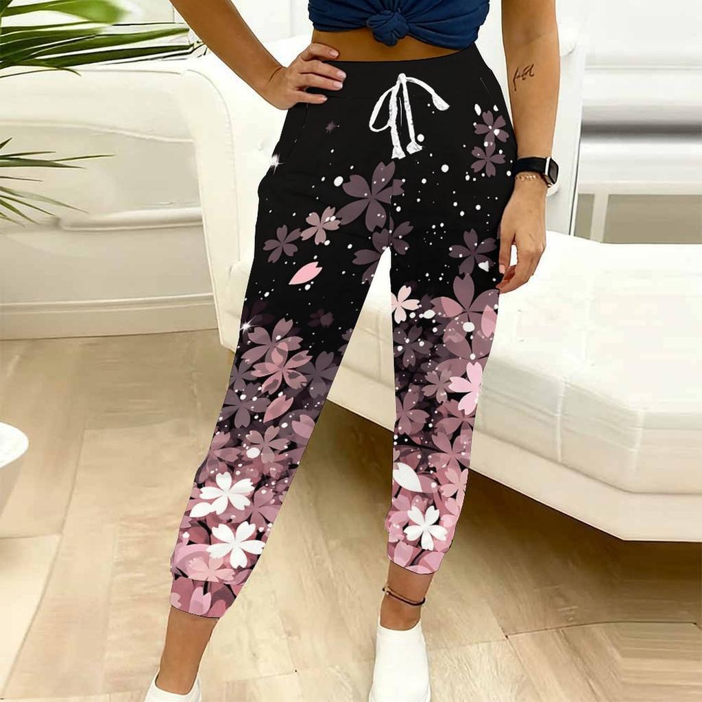 Summer Ladies Graffiti Flowers Printed Sweatpants Loose Fit Drawstring Joggers Elastic Cuff Daily Casual Pants