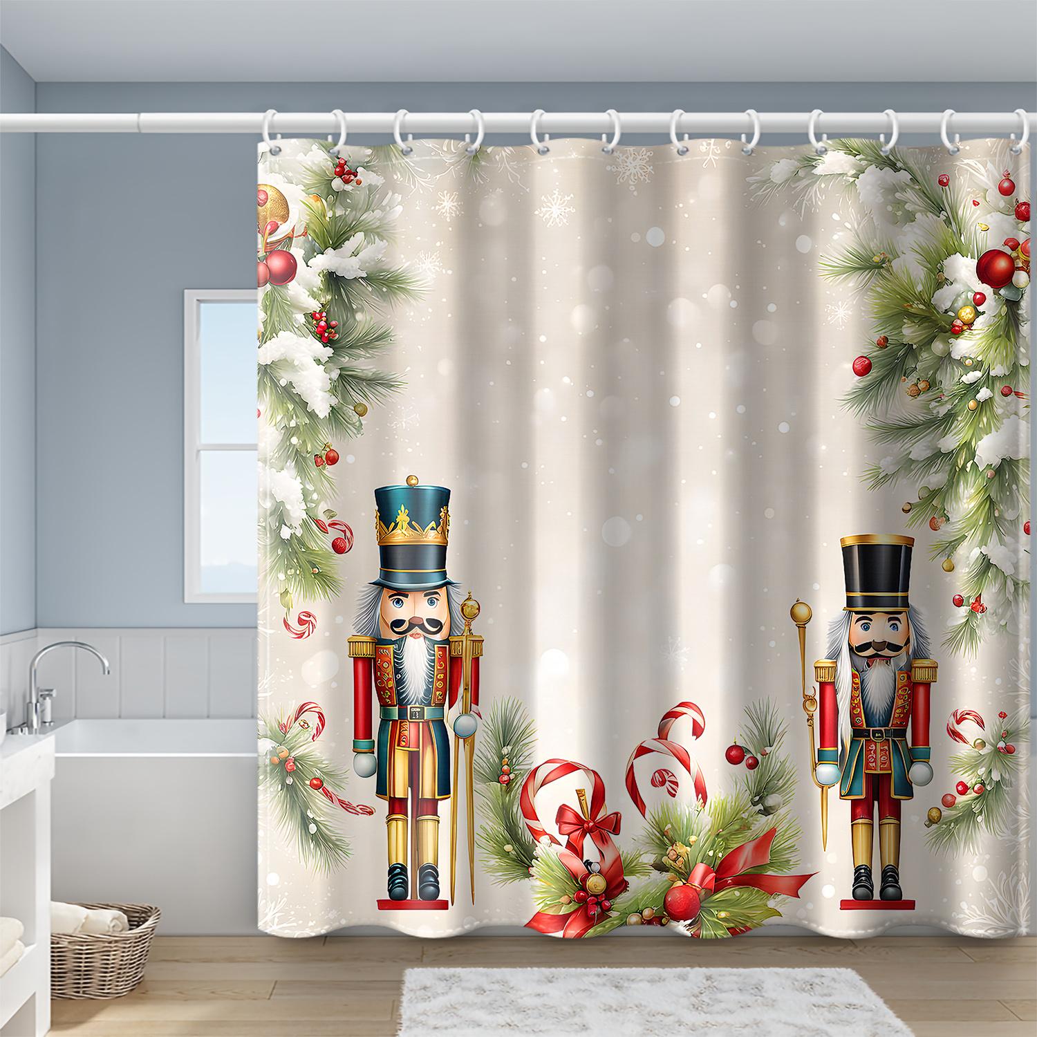 

Shower Curtain: Festive Nutcrackers with Snowflakes and Pine Branches for a Holiday-Themed Bathroom Decor W90XH180cm