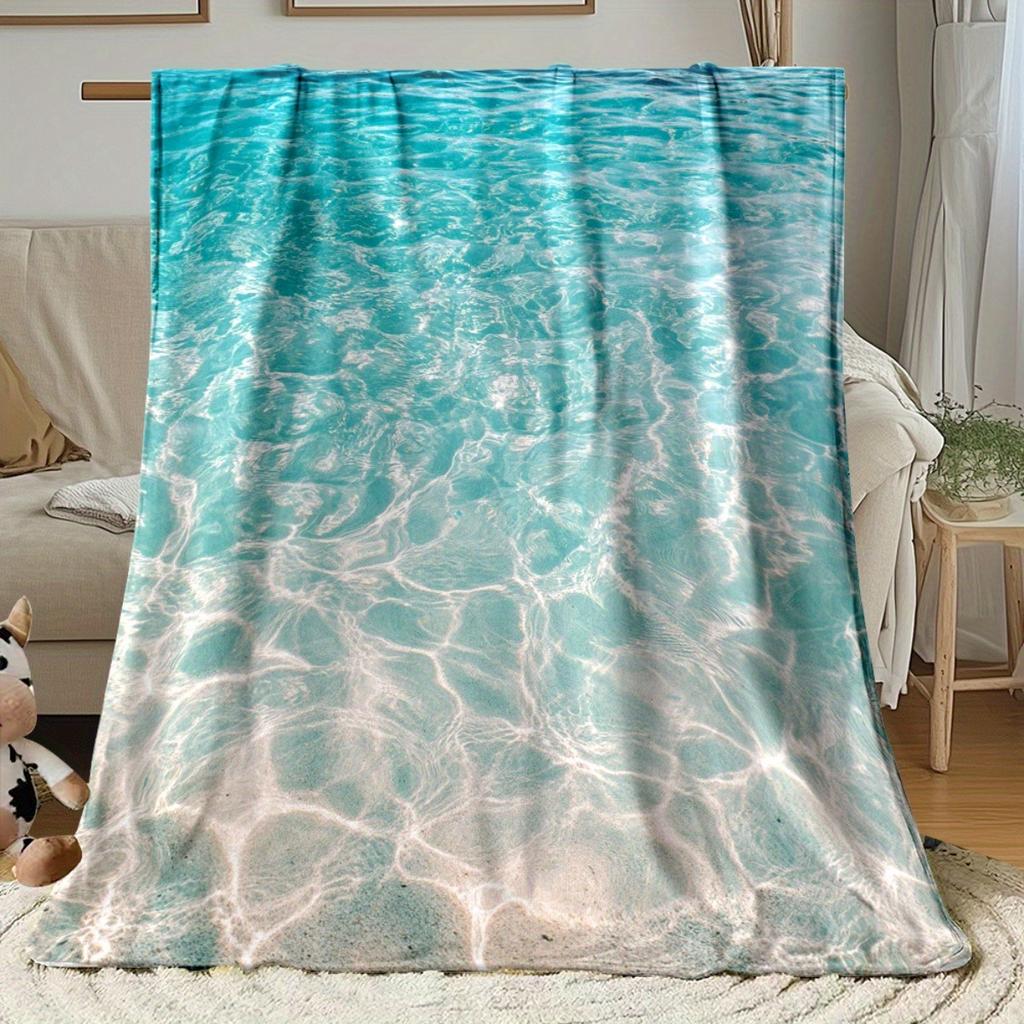 1pc Tropical Ocean Waves Throw Blanket - Turquoise & Sandy Beach Design, Lightweight Flannel All-Season Soft Warm Blanket for Co