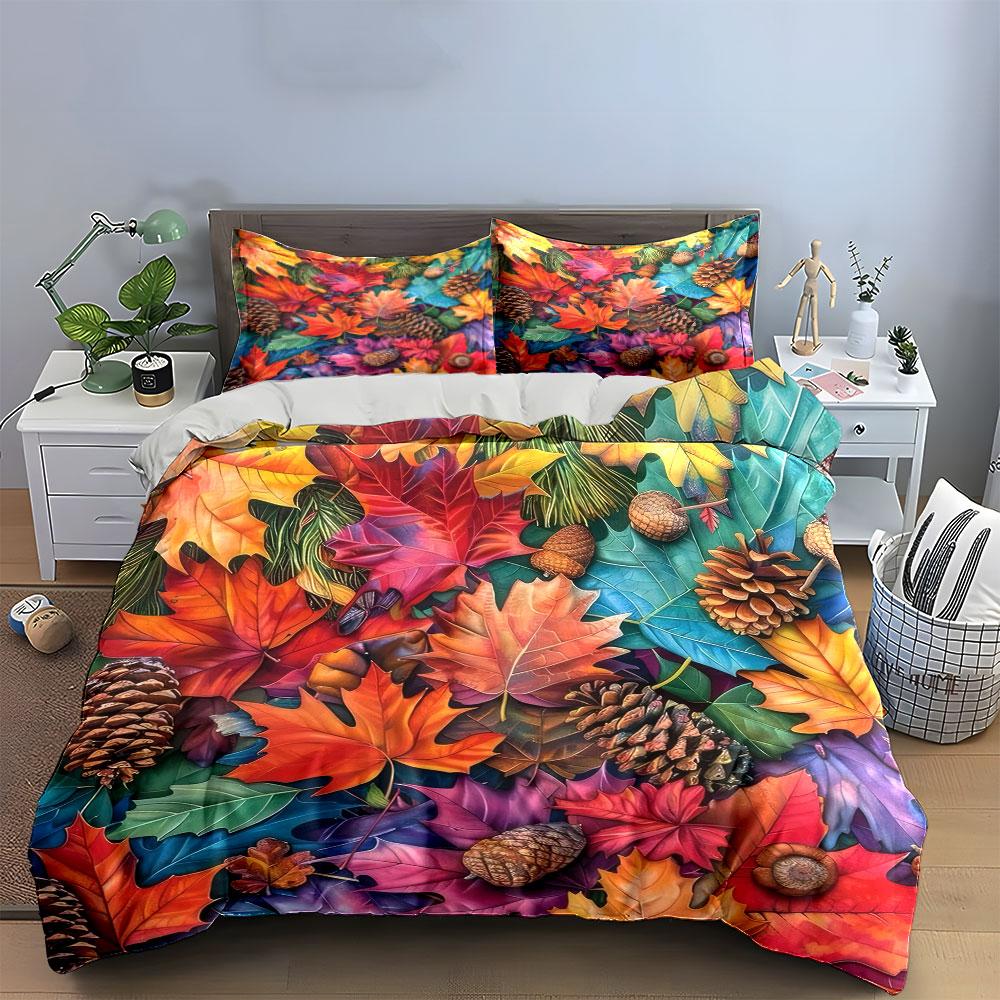 Autumn Leaves Pinecones Decorative Set Soft Comfortable Duvet Cover Bedding Set Included 1*Duvet Cover & 2*Pillowcases, Gift