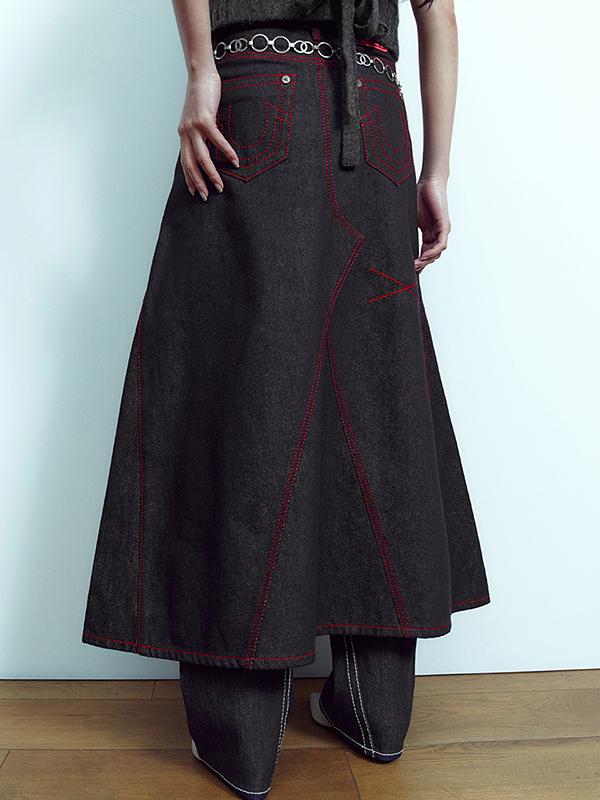 KIRSH X True Religion Stitch Point Denim Wide Skirt [Dark Blue]