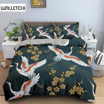 Kranich-Druck Bettwäscheset Luxuriöser Bettbezug Queen-Size Bettdeckenbezugsets für Kinder Teenager Schlafzimmerdeko Mikrofaser Steppdeckenbezug