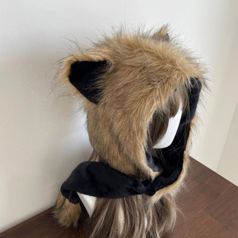 Furry Neck Scarf Hat with Animal Ear Winter Outdoor Sport Shawl Hat Anime Costume Earmuff Hat for Skiing Cold Weather