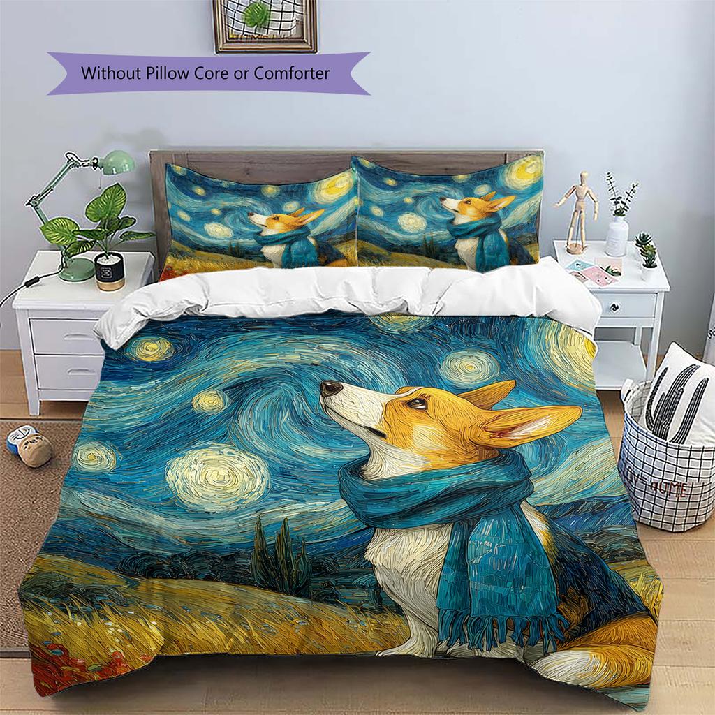 Dog Under Night Starry Sky Pattern Bedding Quilt Set Home Decoration Gift (1 * duvet cover + 2 * pillowcase without core)