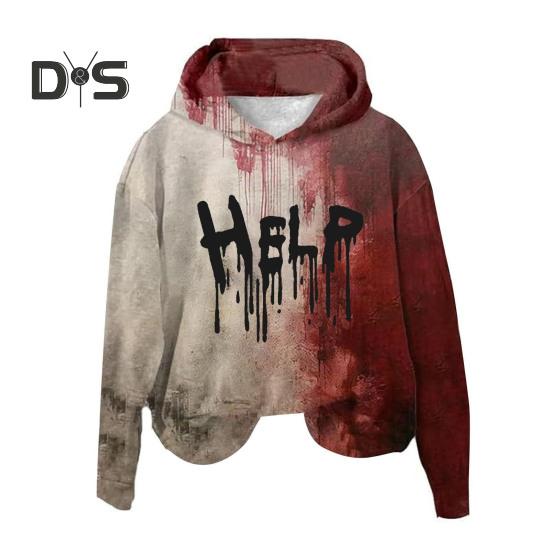 Dame Hettegenser 3D Blodflekkprint Halloween Vintage Spøkelseshus Cosplay Topp Hette Langermet Løs Hettegenser