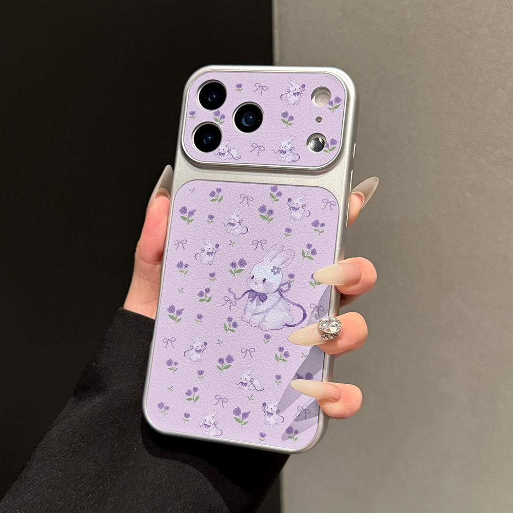 Purple rabbit flower is suitable for Apple 17promax mobile phone case iPhone16plus silver edge 15 leather pattern 14.