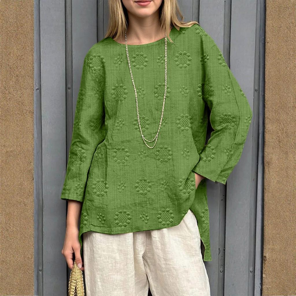 Women's Loose Cotton And Linen Retro Printed Round Neck Long Sleeved Fashionable Top