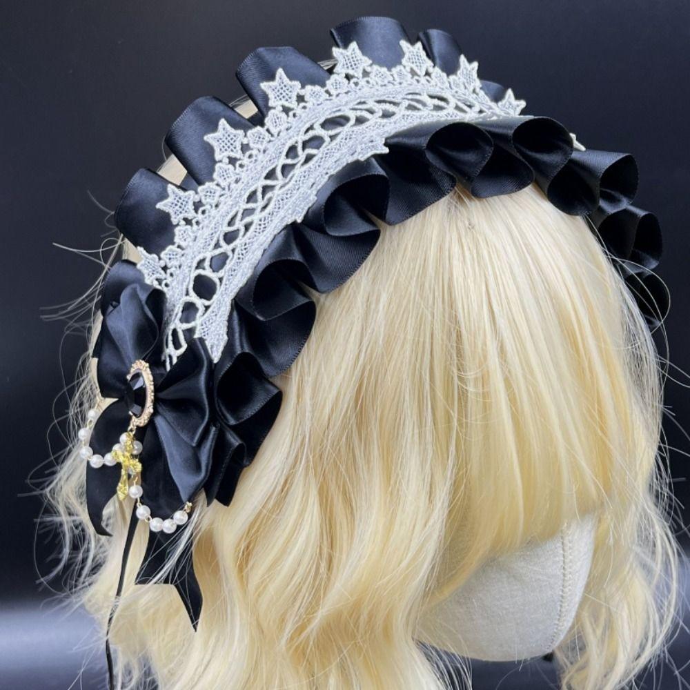 Ribbon Bow Lolita Lace Headband Sweet Maid Cosplay Headdress Cute Ruffled Hairband  Girls