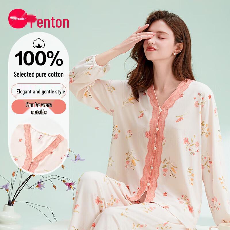 FenTeng Women s V-Neck Cotton Long Sleeve Loungewear Set L