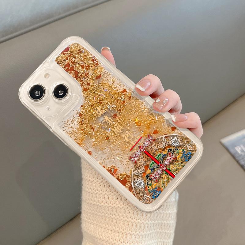 God of Wealth To Be Suitable for Apple 16 Promax Transparent Mobile Phone Case Iphone15 Festive Quicksand 14 Full Cover Anti-fall 13