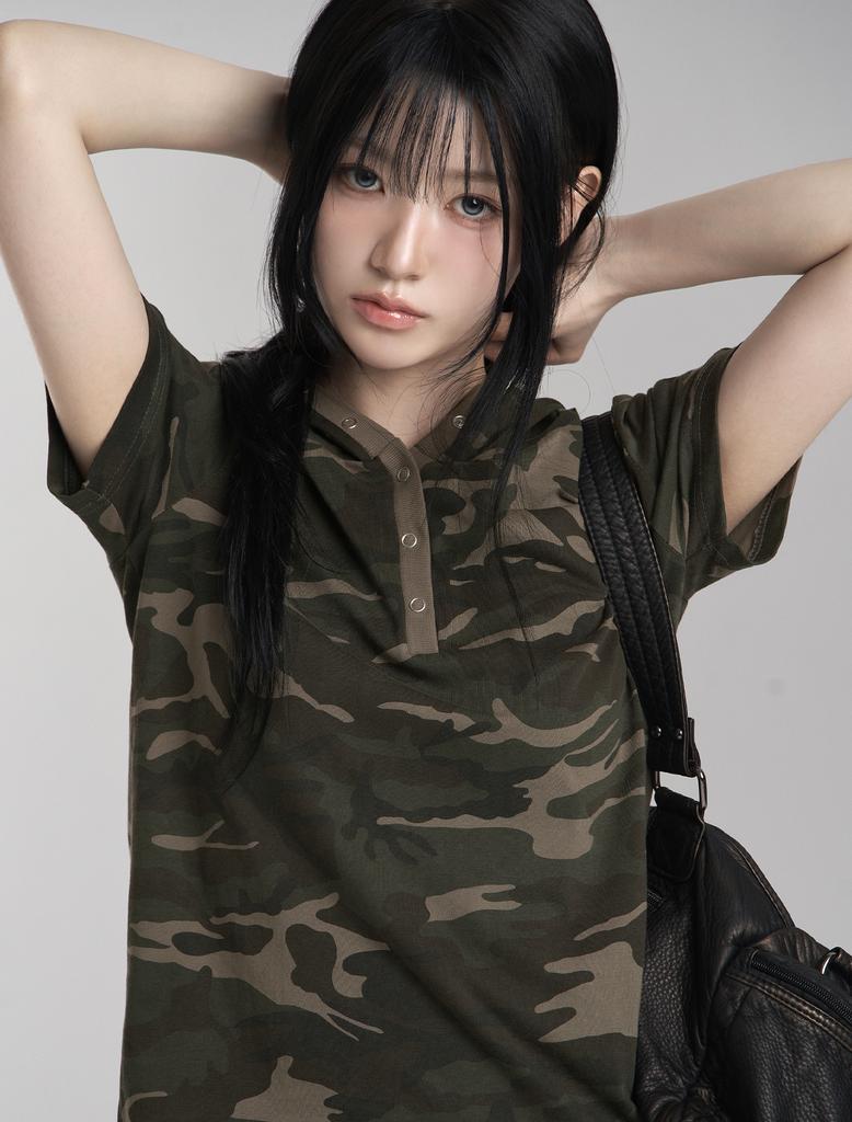 Lupeu Camo Snap Button Slim Hoodie Short Sleeve T-Shirt Khaki